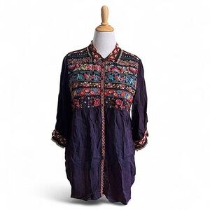 Johnny Was Embroidered Floral Button Up Collar Tunic Blouse Large Sheer Purple